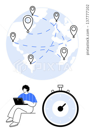 Remote work, global communication, time efficiency, business planning, digital nomad lifestyle, virtual networking. World map with markers, stopwatch and person on laptop. Remote work and global Remote work, global communication, time efficiency, business planning, digital nomad lifestyle, virtual networking. World map with markers, stopwatch and person on laptop. Remote work and global 137777102