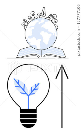 Environmental education, sustainability solutions, creative innovation, green energy, growth strategies, nature conservation. A globe with plants, an open book, and a light bulb with leaves Environmental education, sustainability solutions, creative innovation, green energy, growth strategies, nature conservation. A globe with plants, an open book, and a light bulb with leaves 137777106