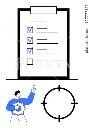 Task planning, productivity, goal setting, project management, workflow, business strategy. A checklist on a clipboard, a person with a gear and a target icon. Task planning and productivity concept 137777133