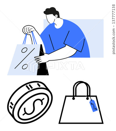 Shopping, discounts, consumer behavior, retail sales, e-commerce, marketing campaigns. Person holding a discount bag, dollar coin and tagged shopping bag. Shopping and discounts concept Shopping, discounts, consumer behavior, retail sales, e-commerce, marketing campaigns. Person holding a discount bag, dollar coin and tagged shopping bag. Shopping and discounts concept 137777138