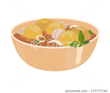 A famous and traditional Paraguayan soup known as vori-vori or bori-bori. Vector illustration of a bowl of soup with yellow corn dumplings, sliced onions, and fresh herbs. A famous and traditional Paraguayan soup known as vori-vori or bori-bori. Vector illustration of a bowl of soup with yellow corn dumplings, sliced onions, and fresh herbs. 137777144
