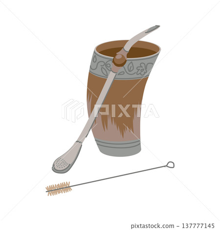 A traditional guampa is a vessel carved from a bull's horn. In Paraguay, it is used for terere . A handmade glass for the cold version of mate in Latin America. Vector illustration in a flat style. 137777145