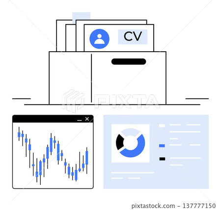 Recruitment, career planning, data visualization, digital records, HR analytics, workforce management. A cupboard with resumes, graph and pie chart displayed. Recruitment and data visualization 137777150