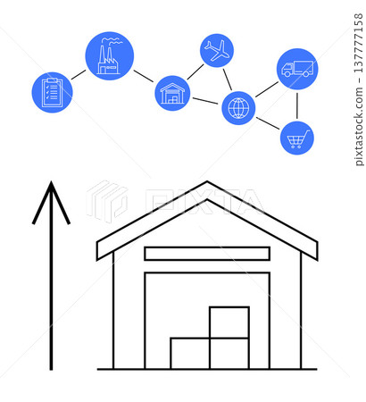 Supply chain, logistics, inventory management, business process, transportation, global trade. A warehouse with boxes and supply chain icons. Supply chain and logistics concept 137777158