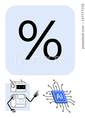 Technology, data analysis, AI systems, automation, futuristic concepts, innovation. Percent symbol, robot pointing at AI chip with circuits. Technology and data analysis concept 137777159
