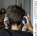 Close up of blue wireless headphones on the head 137777162