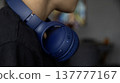 Close up of blue wireless headphones on the head 137777167