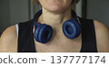 Close up of blue wireless headphones on the head 137777174