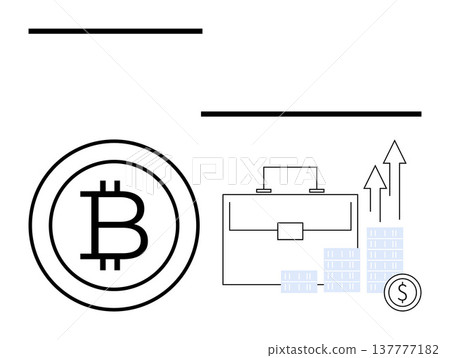 Cryptocurrency, finance, investment, blockchain, economic growth, digital assets. Bitcoin symbol, financial briefcase stacks of coins and upward arrows. Cryptocurrency and finance concept Cryptocurrency, finance, investment, blockchain, economic growth, digital assets. Bitcoin symbol, financial briefcase stacks of coins and upward arrows. Cryptocurrency and finance concept 137777182