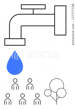 Sustainability, water conservation, resource management, community support, environmental care, nature focus. Minimalist tap with blue droplet, people icons and trees. Sustainability and water 137777196