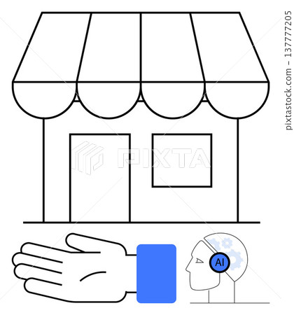 Retail technology, artificial intelligence, automation, human interaction, innovation, futuristic economy. A storefront, robotic hand and AI head outline. Retail technology and artificial Retail technology, artificial intelligence, automation, human interaction, innovation, futuristic economy. A storefront, robotic hand and AI head outline. Retail technology and artificial 137777205