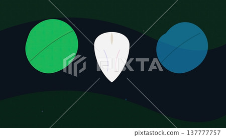 Dark green abstract background with garlic clove centered between two large leaves over flowing wave shapes minimal design Dark green abstract background with garlic clove centered between two large leaves over flowing wave shapes minimal design 137777757