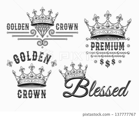 Set of black and white labels with crown, jewelry chains, text. Detailed composition in vintage style on white background Set of black and white labels with crown, jewelry chains, text. Detailed composition in vintage style on white background 137777767