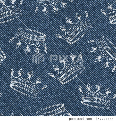 Seamless pattern with randomly scattered crowns on blue denim textured fabric. Outline illustrations. Print for apparel, textile design 137777772