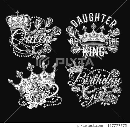 Set of black and white labels with crown, heart, roses, pearl necklace, text. Luxury kitsch design. Detailed composition in vintage style on black background 137777775