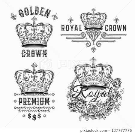 Set of black and white labels with imperial crown, jewelry chains, roses, text. Detailed composition in vintage style on white background Set of black and white labels with imperial crown, jewelry chains, roses, text. Detailed composition in vintage style on white background 137777776