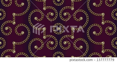 Ornate scrollwork seamless pattern with golden chains, golden beads, delicate swirling motifs. Detailed illustration in luxury vintage style. Maroon dark background for luxury packaging, fashion 137777779