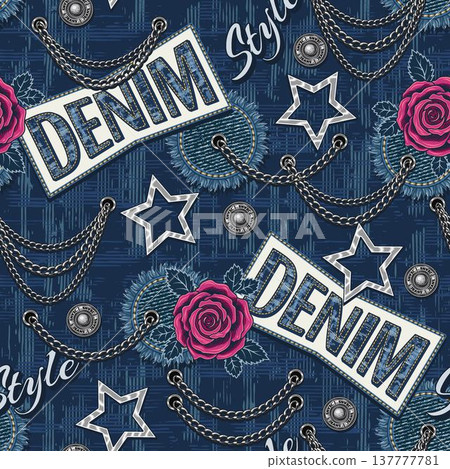 Seamless denim themed pattern with text elements, denim fabric patches, silver stars, pink rose flowers, metal trims. Print in vintage style for clothing, textile fashion design Seamless denim themed pattern with text elements, denim fabric patches, silver stars, pink rose flowers, metal trims. Print in vintage style for clothing, textile fashion design 137777781