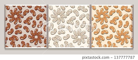 Set of seamless repeating patterns with randomly scattered pinto beans. Minimalist flat vector icons on light background. Some beans are arranged in flower shape. For food packaging, textile prints 137777787