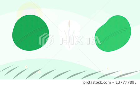 Light mint abstract background with garlic clove between two large leaves and grass details on flowing wave composition Light mint abstract background with garlic clove between two large leaves and grass details on flowing wave composition 137777895