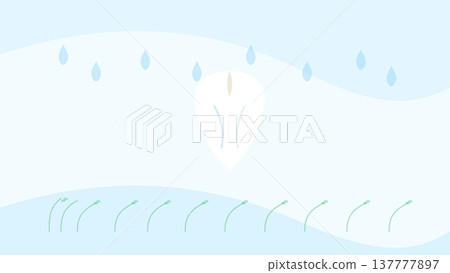 Minimal light blue abstract background with central garlic clove shape and falling water drops over soft flowing waves design Minimal light blue abstract background with central garlic clove shape and falling water drops over soft flowing waves design 137777897