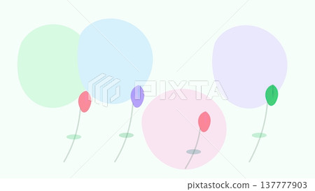 Abstract pastel background with colorful stylized flower buds on curved stems and translucent circular shapes minimal layout 137777903