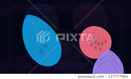 Dark neon framed background with vibrant abstract leaves and circular berry forms in modern geometric botanical composition design 137777904