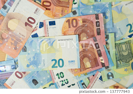Background of cash money with 10, 20 and 100 Euro bills. Background of cash money with 10, 20 and 100 Euro bills. 137777943