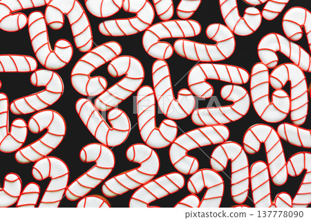 A lot of gingerbread candy cane shaped cookies, flat lay. 137778090