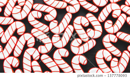 A lot of gingerbread candy cane shaped cookies, flat lay. A lot of gingerbread candy cane shaped cookies, flat lay. 137778093