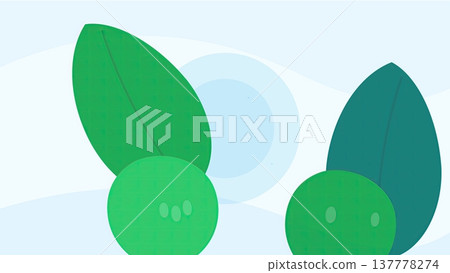 Light blue abstract background with large green leaves and circular berry forms over soft flowing landscape waves Light blue abstract background with large green leaves and circular berry forms over soft flowing landscape waves 137778274