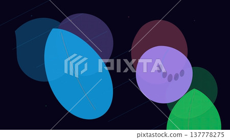 Dark abstract background with overlapping translucent circles and large stylized leaves in vibrant colors modern botanical composition Dark abstract background with overlapping translucent circles and large stylized leaves in vibrant colors modern botanical composition 137778275