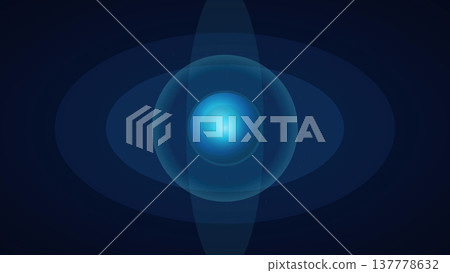 Luminous central orb with intersecting elliptical light rings in dark blue space background forming symmetrical futuristic cosmic composition 137778632