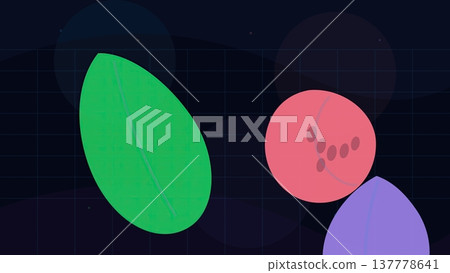 Dark grid background with large green leaf and red circular berry shape modern abstract botanical composition Dark grid background with large green leaf and red circular berry shape modern abstract botanical composition 137778641