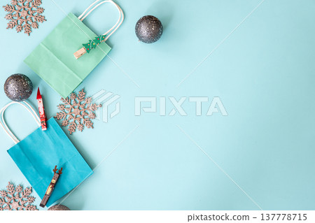 Flat lay, blue Christmas background with decor details, copy space. 137778715