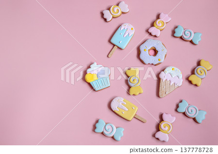 Colorful gingerbread cookies in colored glaze of different shapes. Colorful gingerbread cookies in colored glaze of different shapes. 137778728