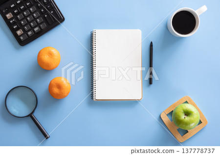 Flat lay composition with notepad on blue background, diet, nutrition concept. 137778737