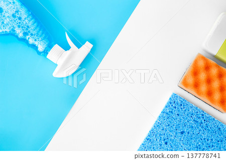 Flat lay, glass and surface cleaning spray, cleaning concept. 137778741