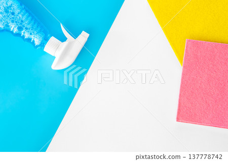 Flat lay, glass and surface cleaning spray, cleaning concept. Flat lay, glass and surface cleaning spray, cleaning concept. 137778742