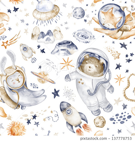 Cosmic animals seamless watercolor hand painted pattern with bear, fox and hare astronauts in outer space. Cartoon space animals with rocket, planet, stars. Background for baby fabric, textile design. 137778753