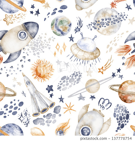 Rocket seamless pattern watercolor hand painted illustration with spaceship, planets, stars and comet. Cosmic childish pattern with cute spacecraft. Textile design for kids fabric, wrapping paper. Rocket seamless pattern watercolor hand painted illustration with spaceship, planets, stars and comet. Cosmic childish pattern with cute spacecraft. Textile design for kids fabric, wrapping paper. 137778754