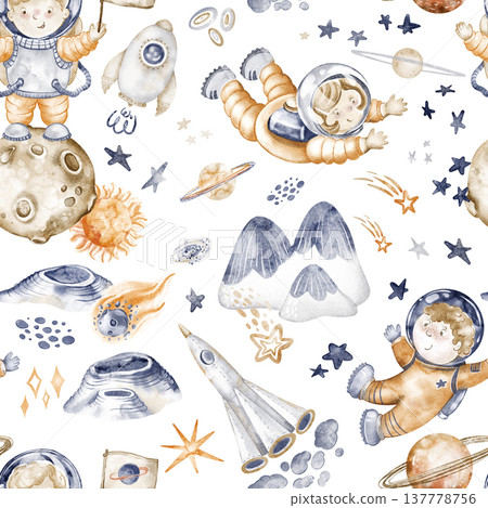 Astronaut seamless pattern with planets, rockets, stars and spaceship. Watercolor hand painted illustration with cosmic elements and cartoon spaceman.For kids textile, nursery print, wallpaper. Astronaut seamless pattern with planets, rockets, stars and spaceship. Watercolor hand painted illustration with cosmic elements and cartoon spaceman.For kids textile, nursery print, wallpaper. 137778756
