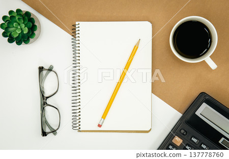 Flat lay, notepad, calculator and coffee cup, office concept. 137778760