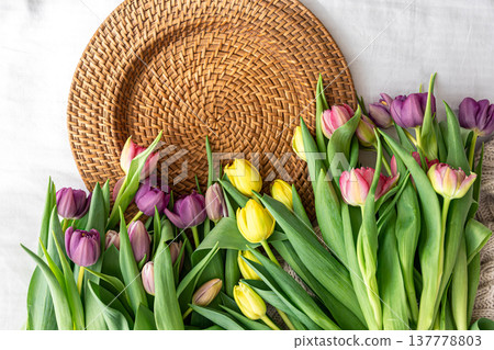 Floral composition with tulips and decorative details. Floral composition with tulips and decorative details. 137778803