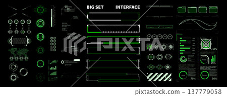 Big set of futuristic HUD and GUI elements. Sci-fi interface with green data visualization, charts, and graphs on a black background. 137779058