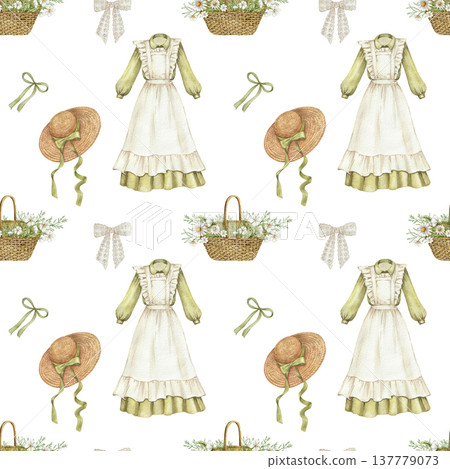 Seamless vintage pattern with rustic cottage decor. Cottagecore pattern with wild flowers Seamless vintage pattern with rustic cottage decor. Cottagecore pattern with wild flowers 137779073