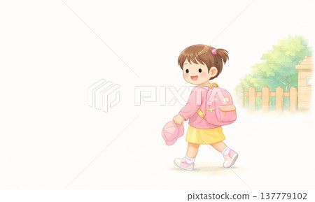 一幅可愛的插圖，描繪了一個背著書包的女孩走路的情景。 137779102