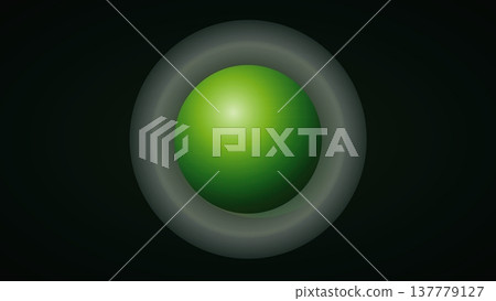 Glowing green sphere centered within soft translucent halo rings against dark gradient background creating abstract cosmic energy effect Glowing green sphere centered within soft translucent halo rings against dark gradient background creating abstract cosmic energy effect 137779127