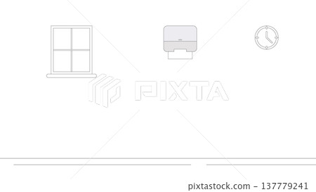 Minimal line icon set featuring a window, wall clock, and paper dispenser, designed for clean interface layouts and modern visual communication Minimal line icon set featuring a window, wall clock, and paper dispenser, designed for clean interface layouts and modern visual communication 137779241