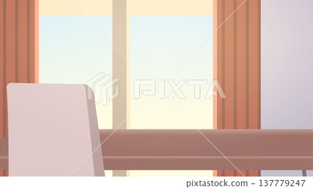 Soft illustrated office interior with desk, chair, and large window framed by curtains, creating a calm workspace atmosphere filled with natural light 137779247